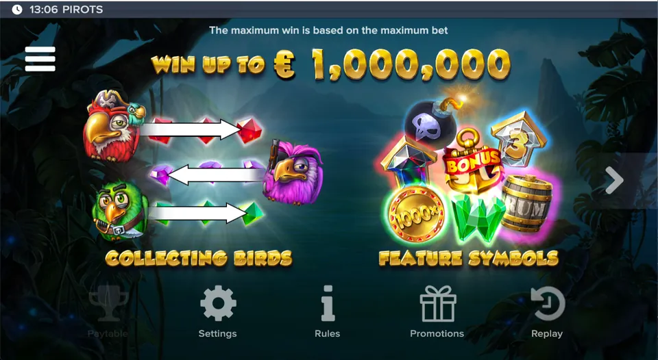 Infoscherm in Pirots: winst tot 1.000.000 EUR, verzamelende vogels en feature-symbolen