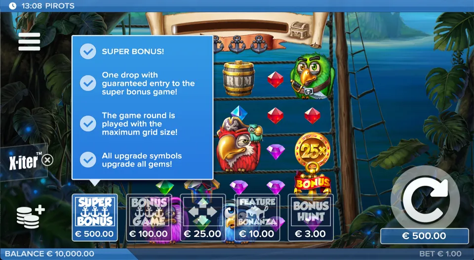 Het X-iter-menu in Pirots met Super Bonus, Bonus, Super Spin, Feature drop en Bonus Hunt